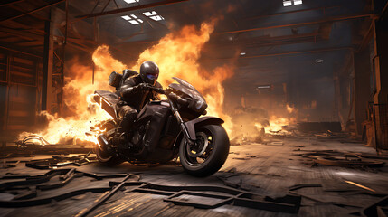 A virtual reality simulation of a motorcycle stunt show. - obrazy, fototapety, plakaty