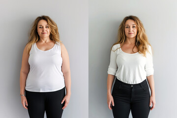 Woman posing before and after weight loss. Diet and healthy nutrition. Fitness results, get fit. Liposuction results, plastic surgery. Transformation from fat to athlete. Overweight and slim, training