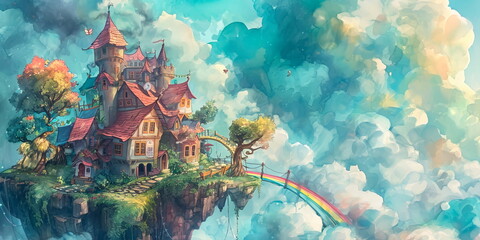 whimsical village in the clouds, connected by rainbow bridges and inhabited by friendly cloud dwellers. - obrazy, fototapety, plakaty