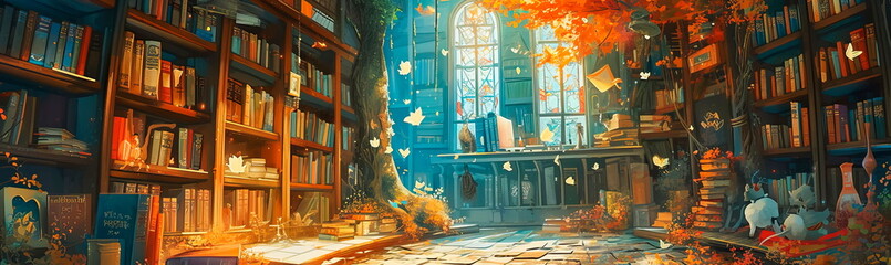 watercolor of a magical library with books, to create a creative atmosphere of storytelling - obrazy, fototapety, plakaty