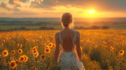 Fototapeta na wymiar a woman in a white dress standing in a field of sunflowers with the sun setting behind her and behind her is a large field of sunflowers.