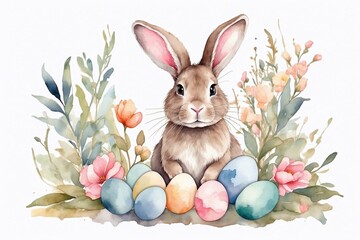 easter bunny and easter eggs, watercolor illustration, perfect design for cards and invitations
