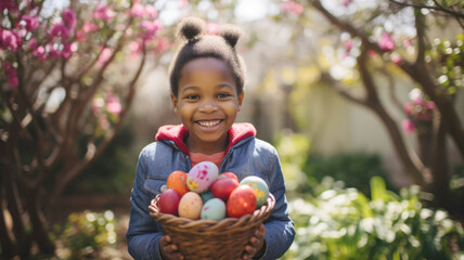Fototapeta na wymiar African american child holding basket of colorful Easter eggs in sunny garden