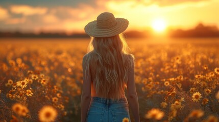  a woman standing in a field of sunflowers with the sun setting behind her and her back to the camera, with a hat on her head, looking into the distance. - obrazy, fototapety, plakaty