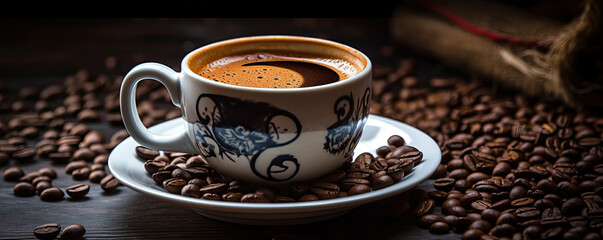 Coffee cup with beans on old wooden table. wide banner,