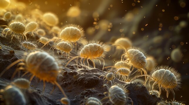 Soil-dwelling mites and microarthropods, dust pincers under microscopic close up view.