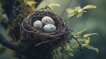  a bird's nest with three eggs sitting on a branch in the middle of a tree with green leaves and a mossy tree branch in the foreground.