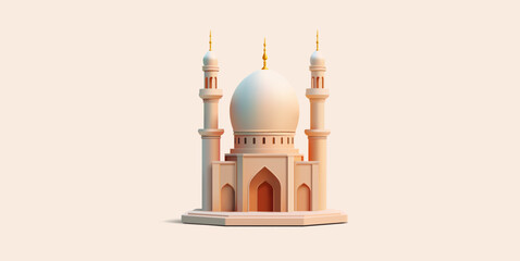 Mosque building realistic 3d design isolated, one sand color shape with golden top for Ramadan Kareem