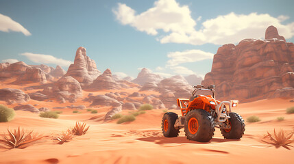 An orange ATV racing in a desert terrain. - obrazy, fototapety, plakaty