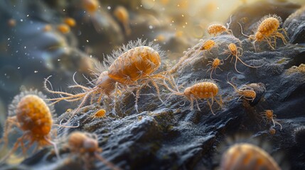 Soil-dwelling mites and microarthropods, dust pincers under microscopic close up view. - Powered by Adobe