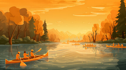 An orange canoe racing on a river. - obrazy, fototapety, plakaty