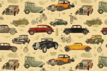 Pattern of Victorian vintage cars with a retro steampunk design and hipster aesthetic. Generative AI