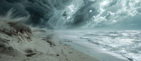 Stormy beach with electrical disturbances, sand clouds and thunder. - obrazy, fototapety, plakaty