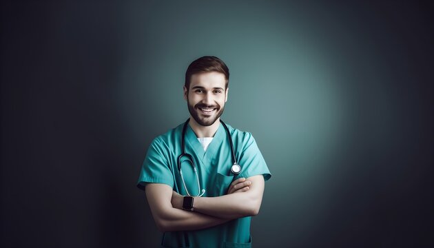 Arzt oder Krankenpfleger steht vor einem neutralen Hintergrund (KI-/AI-generiert)