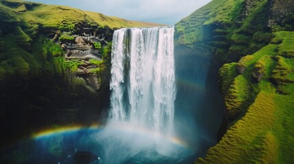 Drone shot of skgafoss waterfall forming beautiful rainbow, icelandic landscape with nordic nature. Spectacular scandinavian cascade flowing down off of cliffs, panoramic view.  - obrazy, fototapety, plakaty