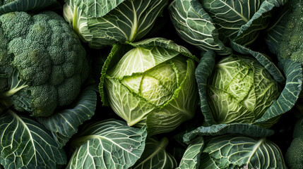  a pile of green cabbages and broccoli with leafy green leaves on the top of the heads and bottom of the heads of the heads of the heads. - obrazy, fototapety, plakaty