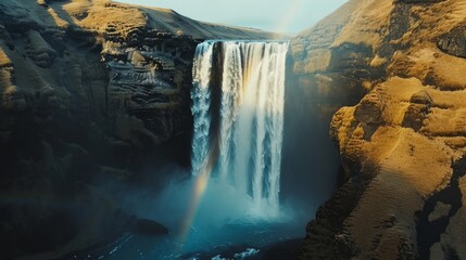 Drone shot of skgafoss waterfall forming beautiful rainbow, icelandic landscape with nordic nature. Spectacular scandinavian cascade flowing down off of cliffs, panoramic view.  - obrazy, fototapety, plakaty