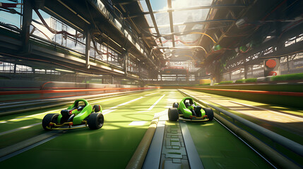 A green racing kart zipping around a karting circuit. - obrazy, fototapety, plakaty