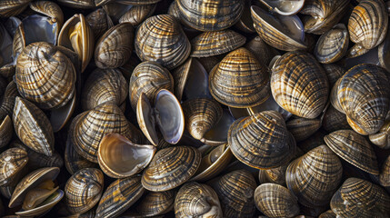  a large group of clams gathered together in a pile, some of which have been cut open to show the inside of the clams, some of the shell.