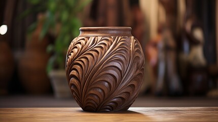 A carved wooden vase with intricate detailing, showcasing natural textures and rich tones, blending seamlessly with a cozy, earthy setting - Generative AI