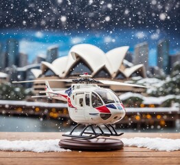 Helicopter model of Royal Australian Air Force flying over Sydney Opera House during snowfall.