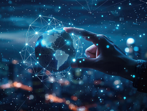 hand touching global network and data exchanges over the world 3D rendering, network city background. Internet concept. Technology Ai for science, business, innovation