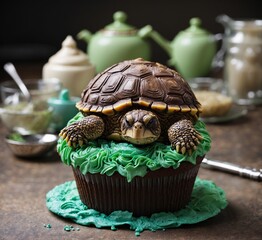 A cupcake with a chocolate tortoise on a green tablecloth