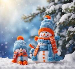 Two cute snowmen in knitted hats and scarves in the background of the winter forest.