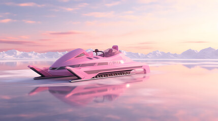 A pink ice racing sled on a frozen lake. - obrazy, fototapety, plakaty
