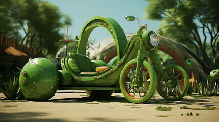 A green tricycle racing in a playground. - obrazy, fototapety, plakaty
