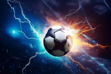 Fototapeta premium soccer ball with flames and lightning flying on night sky, dark blue background