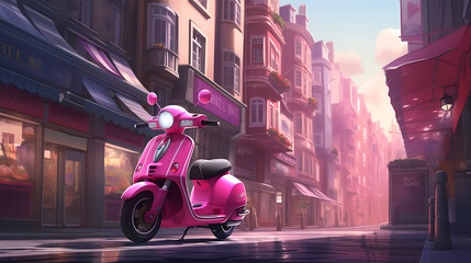 A pink scooter racing through a city street. - obrazy, fototapety, plakaty