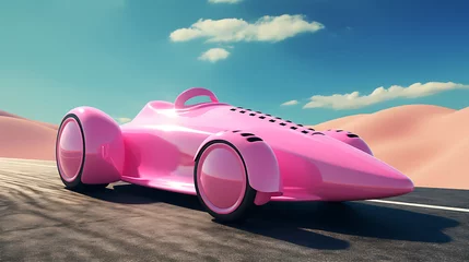 Zelfklevend Fotobehang A pink soapbox derby car racing down a hill. © M. Ateeq