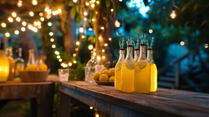 drink station with small bottles and homemade lemonade on wooden terrace with abstract night light bokeh of night festival in garden, copy space for display of product or object presentation