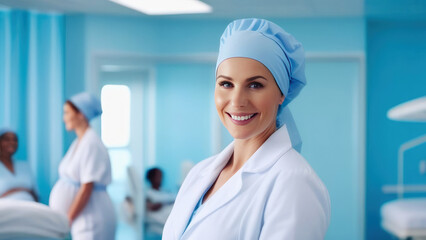 Smiling midwife in a white coat and cap.