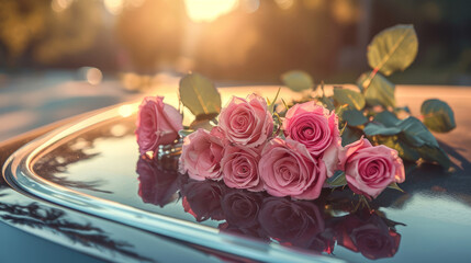 big bouquet of roses on a car roof. present for lovely girlfriend, wife or women. Valentines day romantic concept