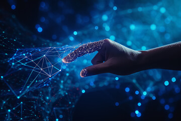 Human hand touching interconnected polygons of massive amounts of data glowing on a dark blue 