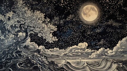 Flammarion engraving, extreme details, moon and sea wave, black and white theme - obrazy, fototapety, plakaty