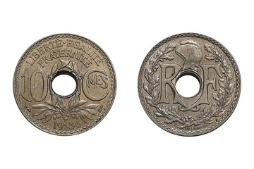 10 Centimes 1936. Coin of France. Obverse A wreath and the engraver's name at the bottom. Reverse A...