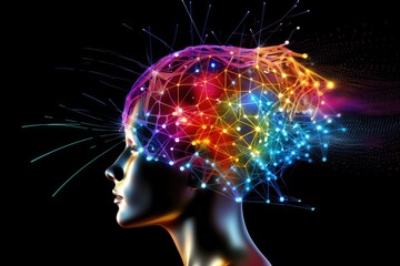 Fototapeta premium Colored head in the dark, medical illustration, brain photography of the human head, eeg, Biomedical Imaging, MRI guided focused echograph, electroencephalogram type activity, brain food, cerebellum