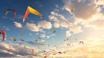 A red and yellow kite racing event in the sky. - obrazy, fototapety, plakaty