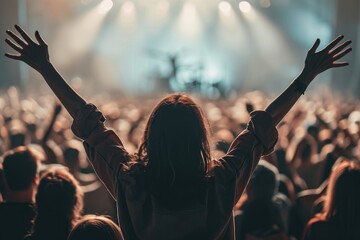 
Rear view of crowd with arms outstretched at concert. - obrazy, fototapety, plakaty