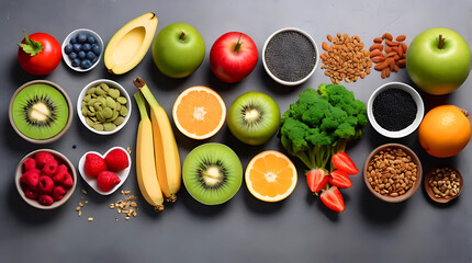 Selection of healthy food. Balanced diet food. Superfoods, various fruits and assorted berries,...