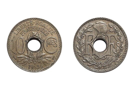 10 Centimes 1936. Coin of France. Obverse A wreath and the engraver's name at the bottom. Reverse A plant below the hole, date at the bottom