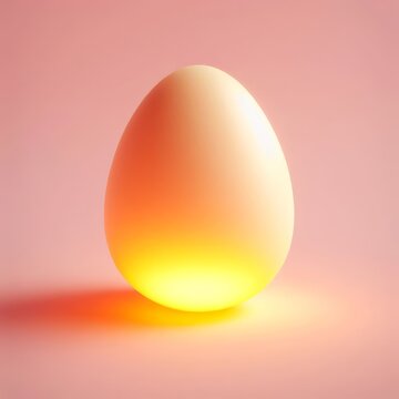 Pastel yellow luminous Easter egg isolated on a pastel pink background. Easter holiday concept in minimalism style. Fashion monochromatic composition. Web banner with copy space for design.