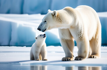 a large polar bear with a small bear cub against a background of blue ice floes. wild animal protection concept