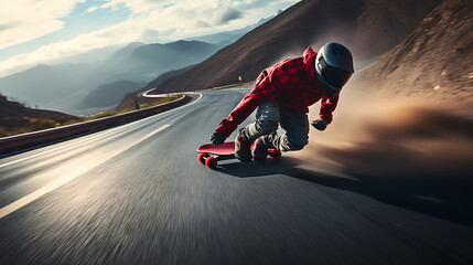 A red skateboarder speeding down a winding road. - obrazy, fototapety, plakaty