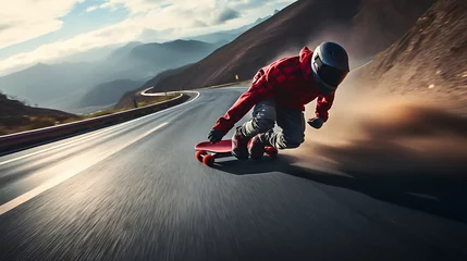 Gordijnen A red skateboarder speeding down a winding road. © M. Ateeq