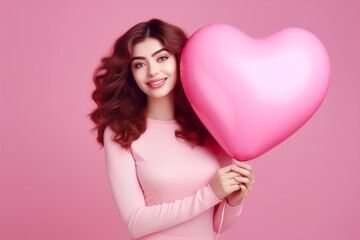 Woman with heart shaped balloon, love, valentine concept, Generative ai.