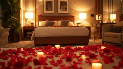 Cozy bedroom in a hotel or at home decorated with rose petals and heart-shaped lights for romantic, honeymoon or Valentines day